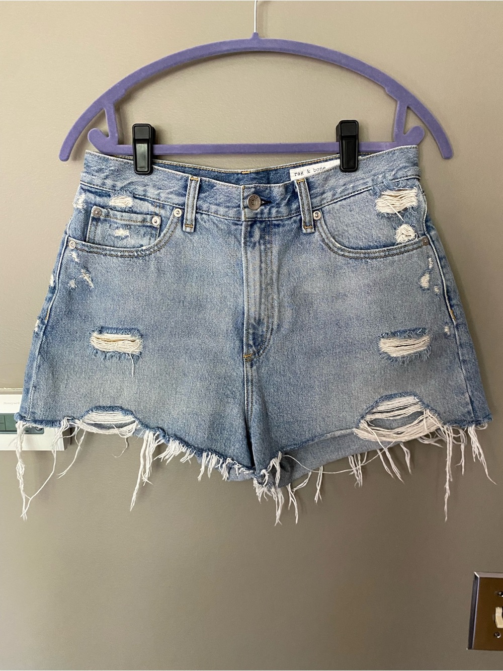 RAG & BONE High Rise Distressed Maya Cutoff Shorty Shorts Blue Denim Size 29 - Picture 2 of 8